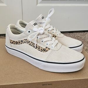 Women's Vans Old Skool Cream Suede Sneakers with Leopard Side Stripe